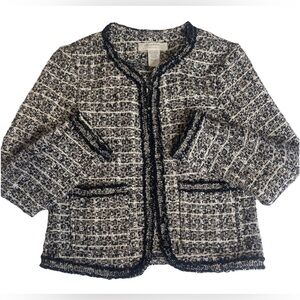 Level Eight black and white tweed blazer jacket with gold metallic fringe trim